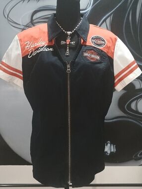 Harley-Davidson Black, Orange & White Short Sleeve Zip Front Shirt. Size XL